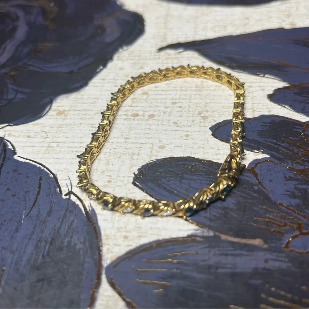 Vintage 80s Gold Vermeil and 925 Sterling Silver Faux Diamond Tennis Bracelet D1